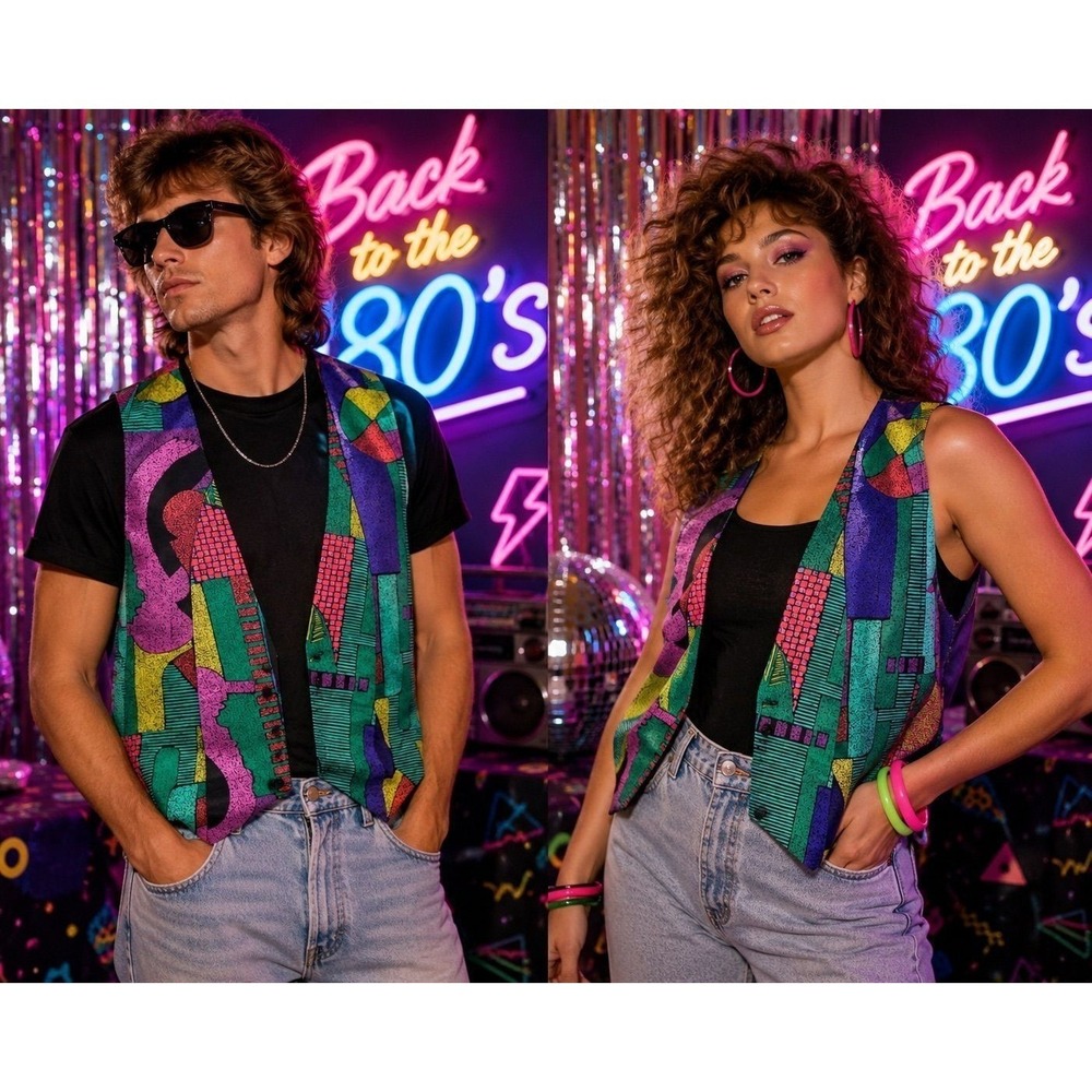 80's 90'S Geometric Adjustable Back Vest Unisex Tuxedo Clubwear Dancewear‎ L-XL